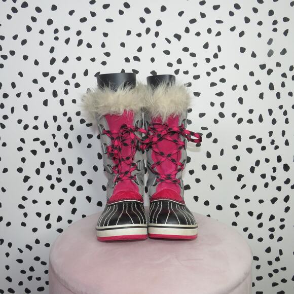 Sorel Gray Faux Fur Trim Girls Lace Up Winter Tofino Boots - Picture 3 of 8